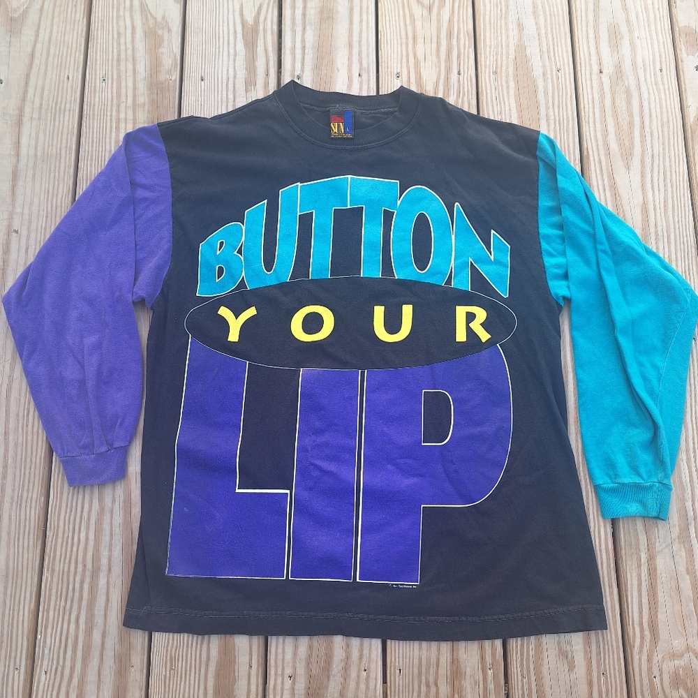 Vintage Button Your Lip Mens Lg Long Sleeve Tshirt Color Block 80s 90s Sun Tag